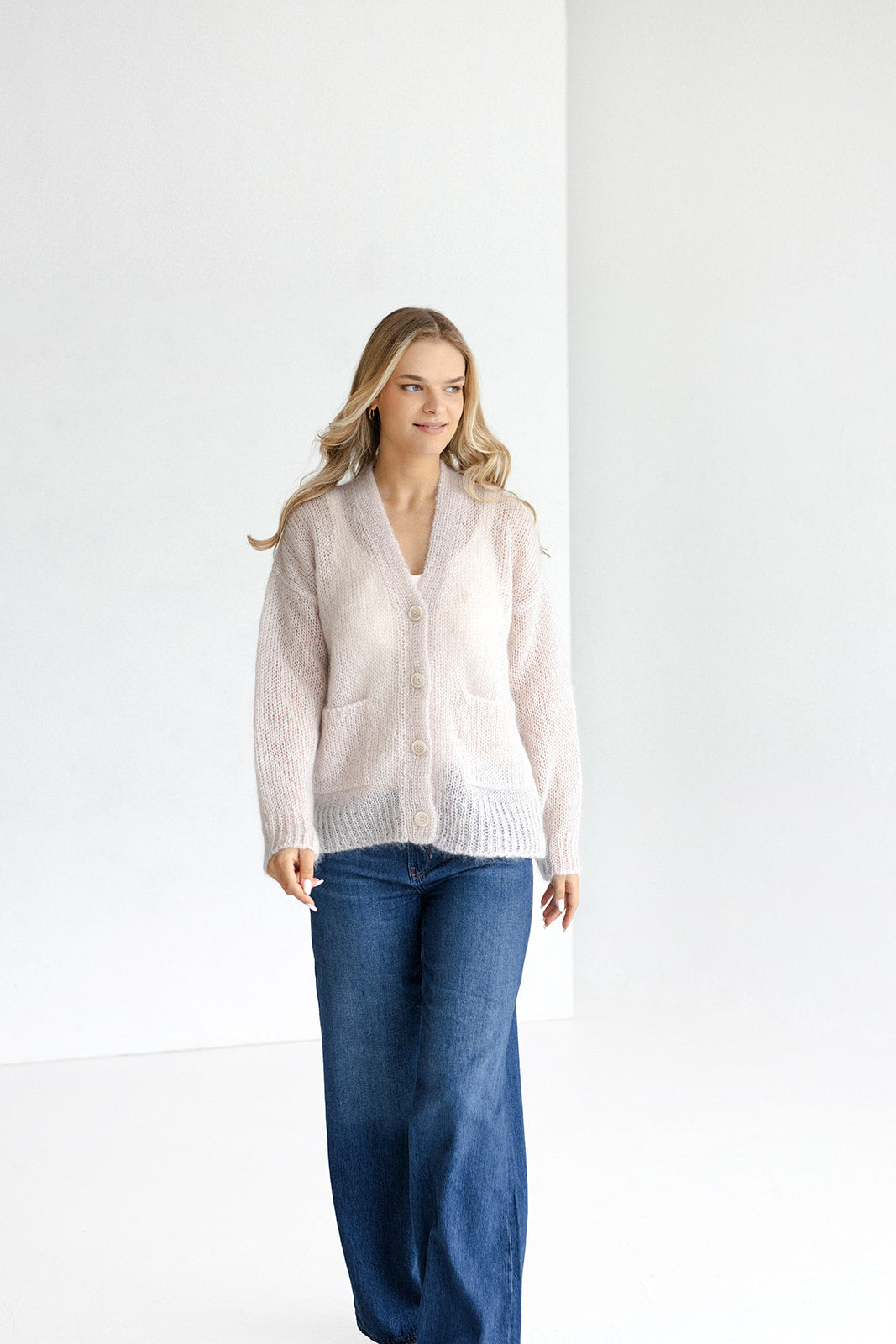 Pastel pink buttoned cable knit fluffy mohair wool cardigan with pockets,bare beige chunky knitted fuzzy oversized thick woolen fall sweater