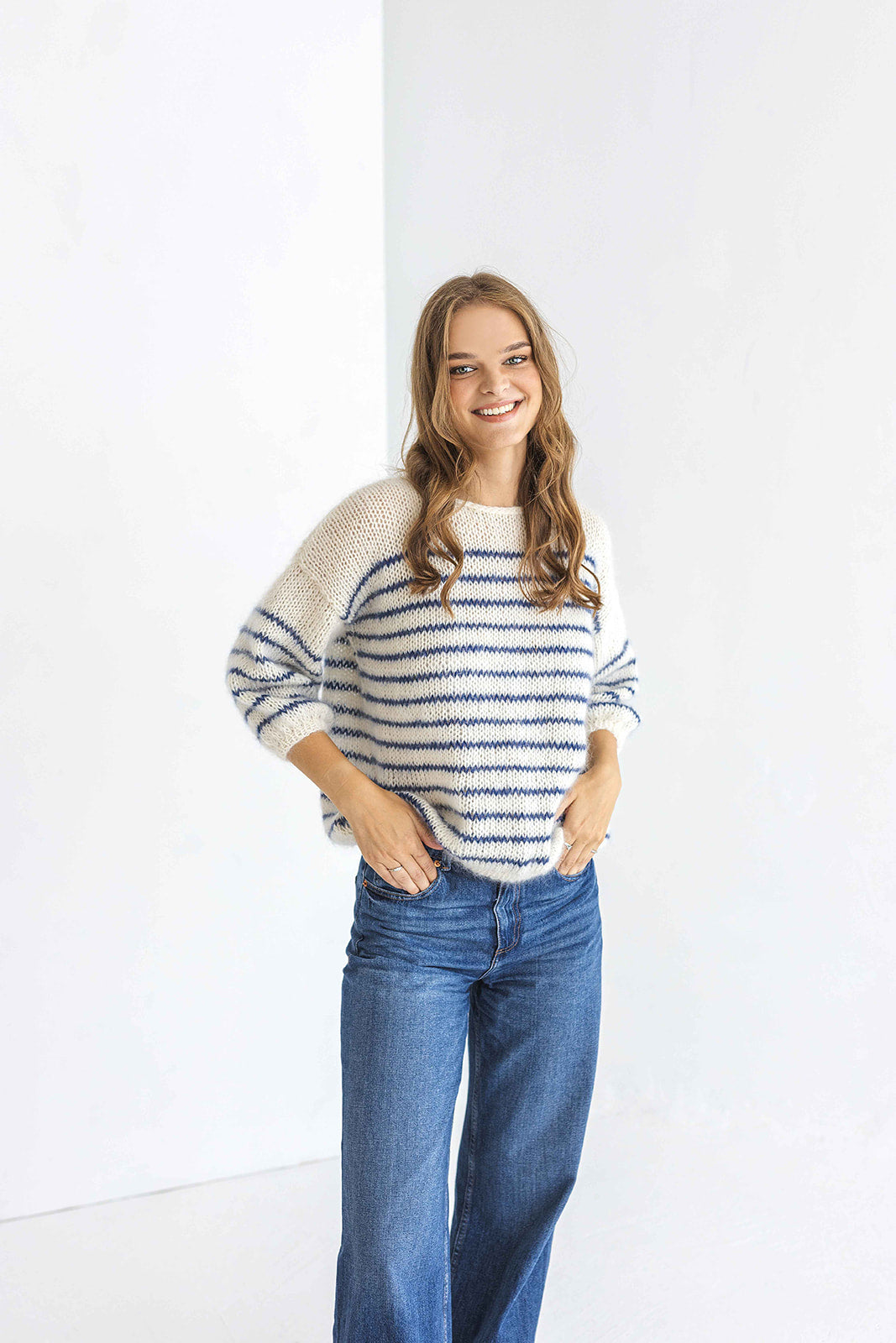 Striped white and blue mohair sweater, cable knit alpaca wool blend woman jumper, hand knitted slightly oversized pullover, fluffy mohair