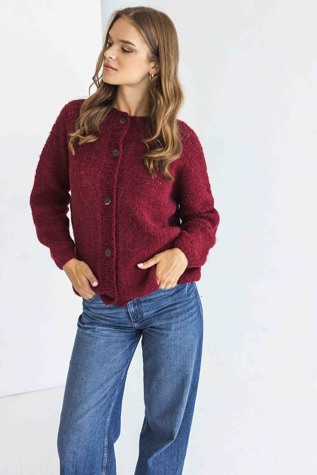 Bordeaux Alpaca Wool Cardigan With Buttons, Burgundy Red Cable Knit Lightweight Sweater, Slightly Oversized Minimalist Classy Women Gilet