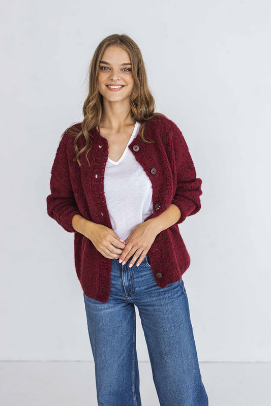 Bordeaux Alpaca Wool Cardigan With Buttons, Burgundy Red Cable Knit Lightweight Sweater, Slightly Oversized Minimalist Classy Women Gilet