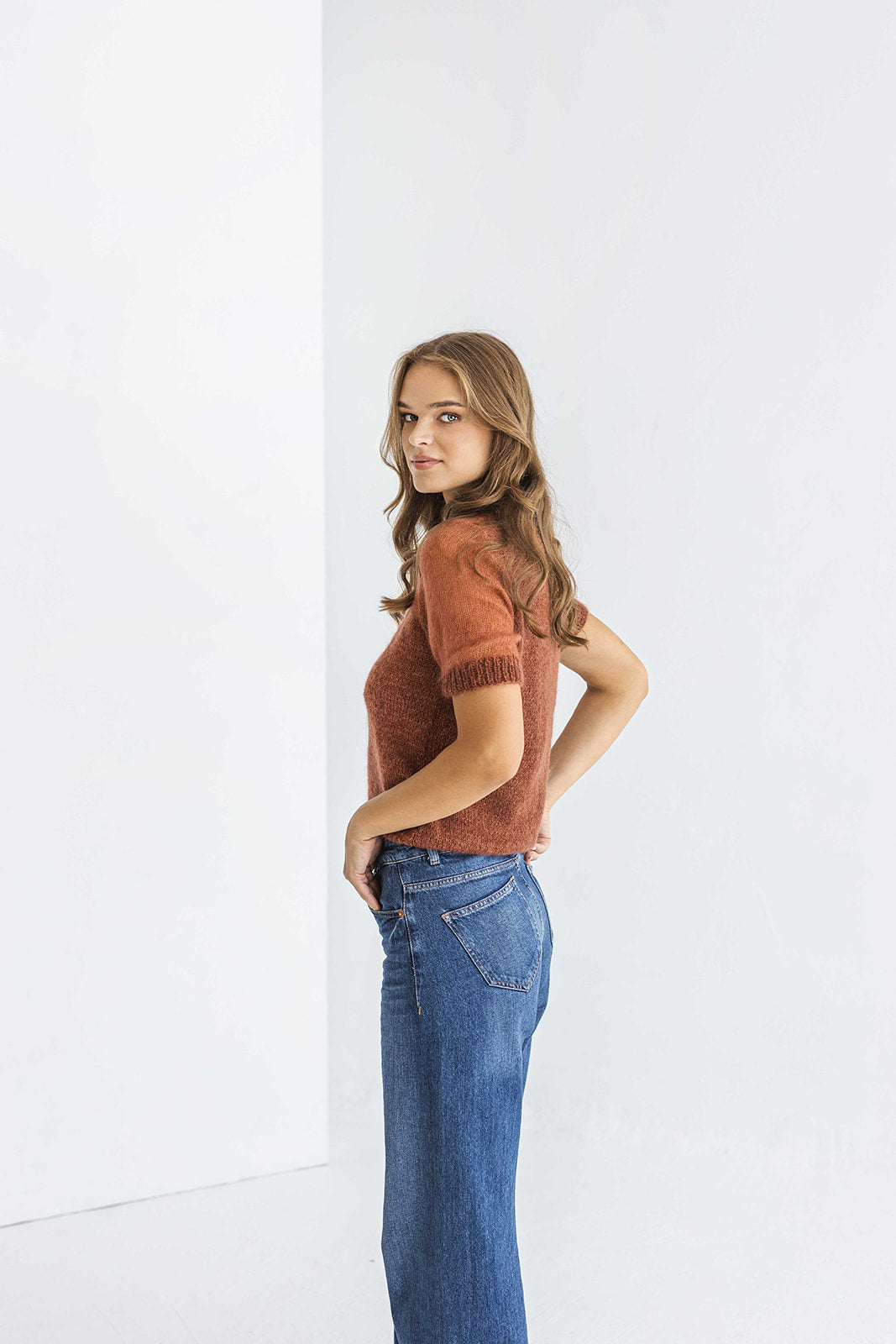 Rust Minimal Mohair Knit Top, Ginger Brown Knitted Summer T-shirt, Burned Orange Short Sleeve Blouse For Women, Knitted Sweater Pullover