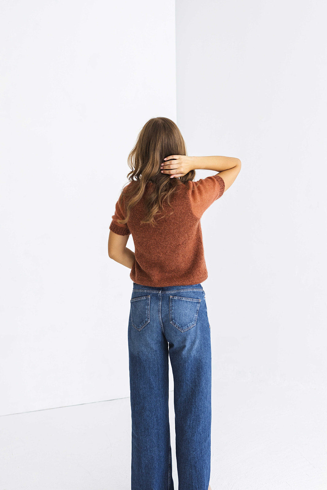 Rust Minimal Mohair Knit Top, Ginger Brown Knitted Summer T-shirt, Burned Orange Short Sleeve Blouse For Women, Knitted Sweater Pullover