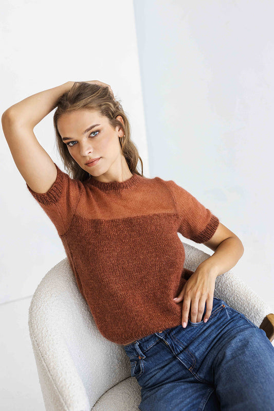 Rust Minimal Mohair Knit Top, Ginger Brown Knitted Summer T-shirt, Burned Orange Short Sleeve Blouse For Women, Knitted Sweater Pullover