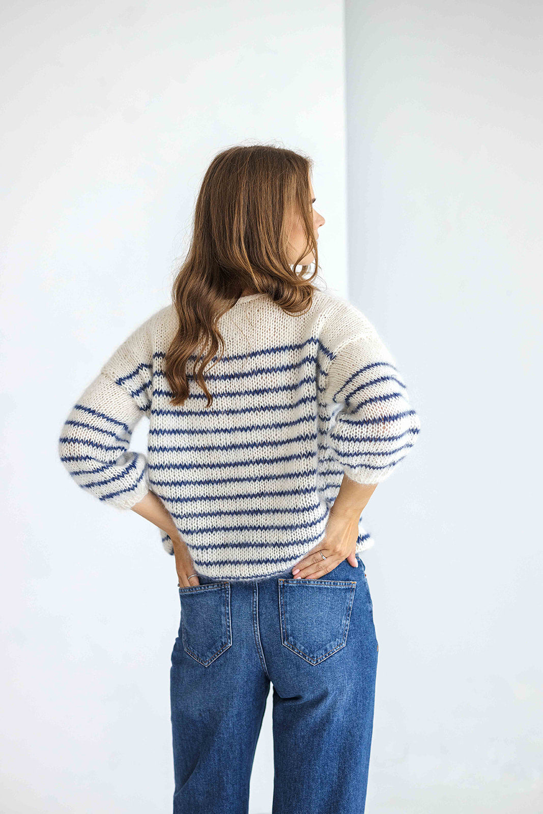 Striped white and blue mohair sweater, cable knit alpaca wool blend woman jumper, hand knitted slightly oversized pullover, fluffy mohair