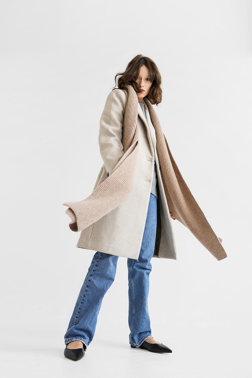 Beige knitted merino wool and cashmere women's scarf, camel rib knit minimalist fall winter wrap, taupe long unisex blanket shawl XXL, gift