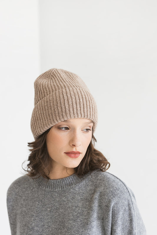 Beige knitted merino wool and cashmere hat for women, pastel sand ribbed knit minimalist beanie, camel classy fisherman hat, perfect gift