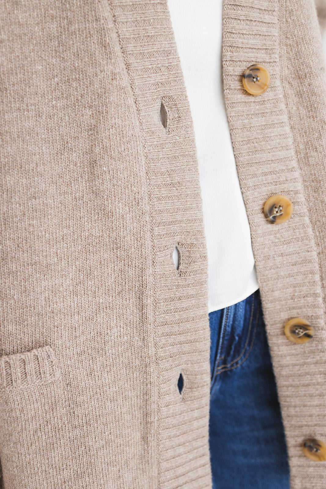 Beige knitted merino wool and cashmere blend cardigan with pockets and buttons, slightly oversized taupe knit sweater for women, camel gilet
