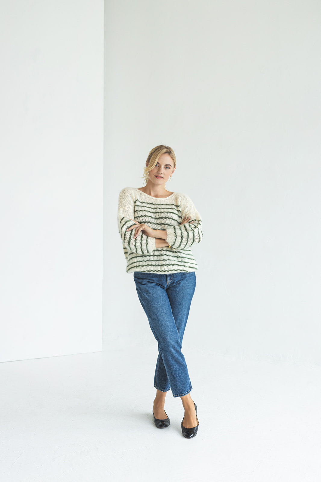 Striped white and green mohair sweater, cable knit alpaca wool blend woman jumper, chunky slightly oversized fluffy French stripes pullover