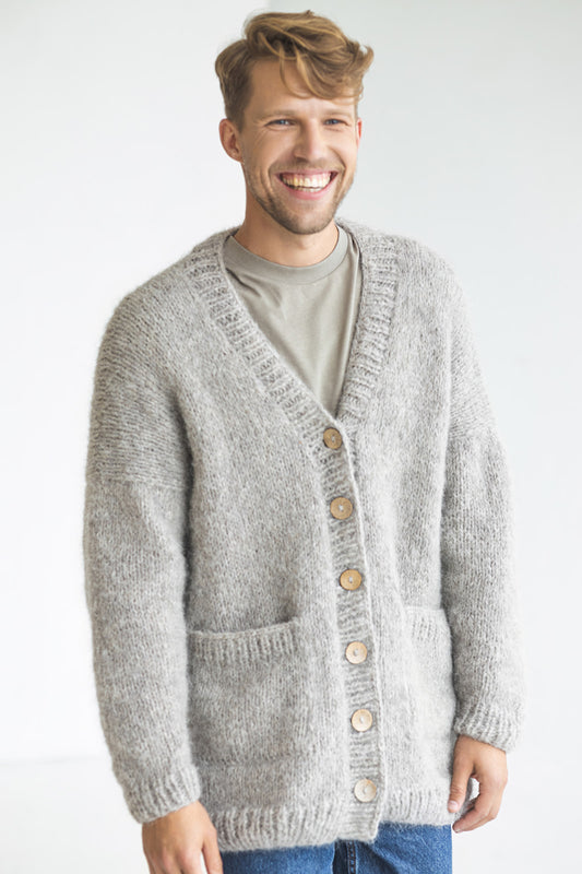 Men's knitted light gray alpaca wool cardigan, grey cable knit Scandinavian sweater for man, minimalist jacket with buttons, pockets for men