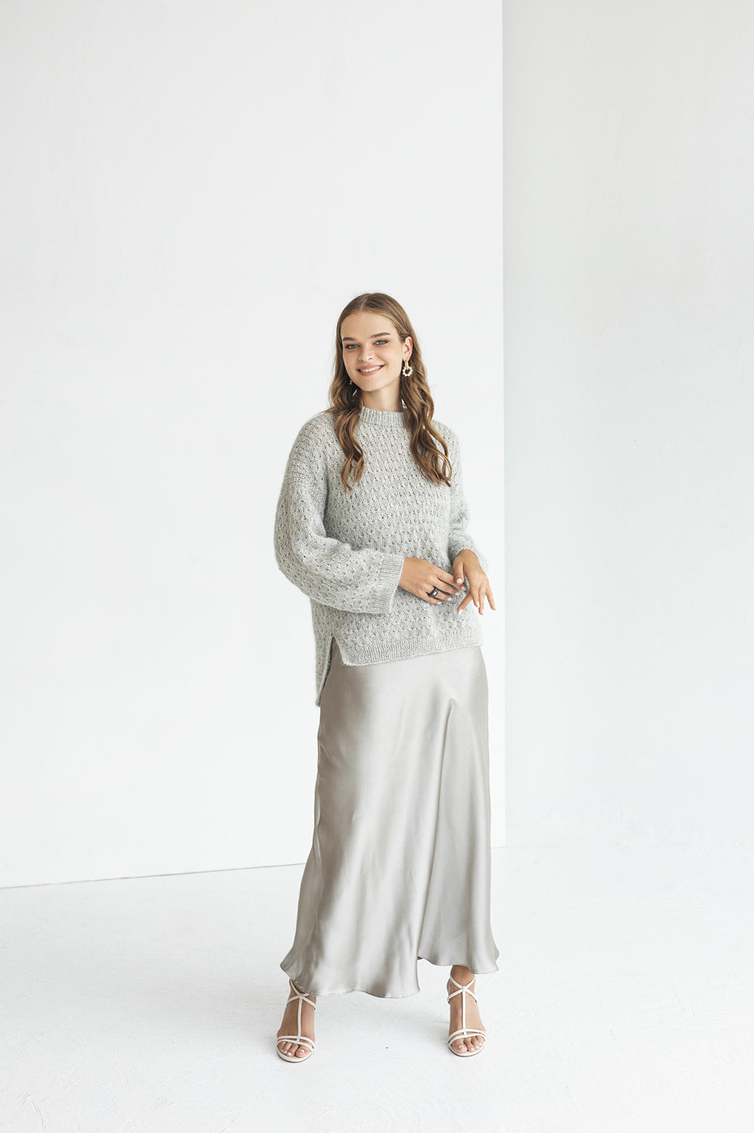 Gray mohair knitted sweater, wide sleeves, longer back alpaca wool blend jumper, fuzzy cable knit pullover, grey fluffy oversized thick pull