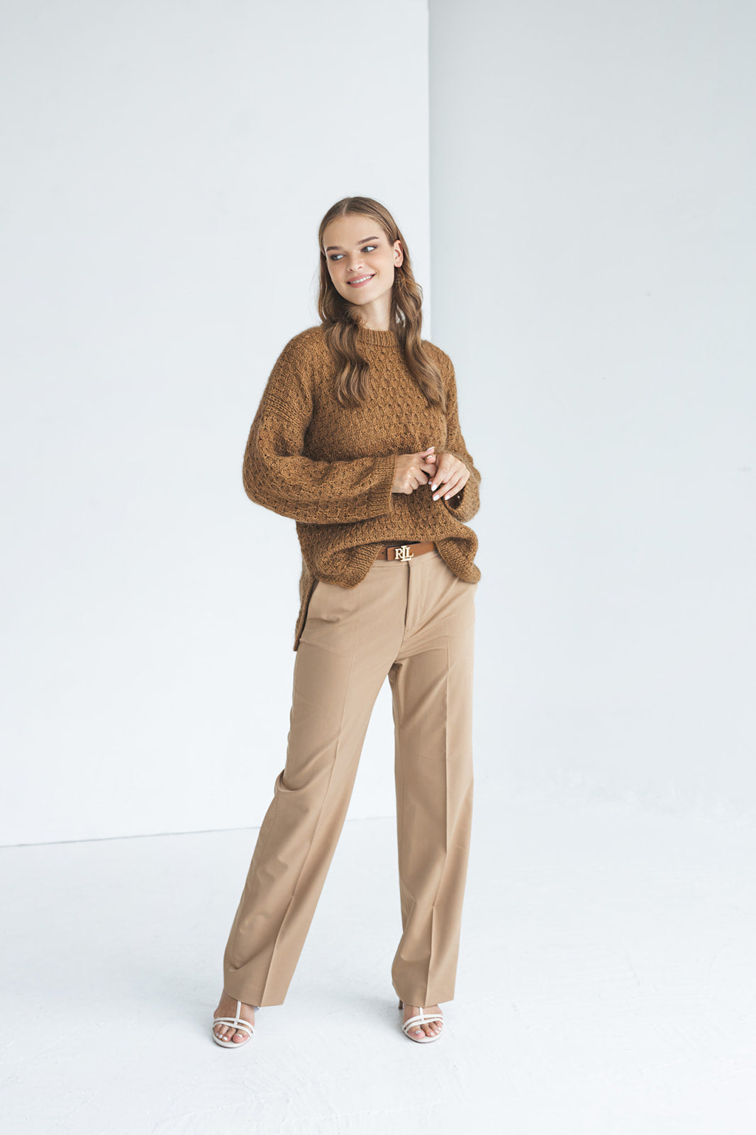 Brown mohair cable knitted thick fluffy sweater, wide sleeves, cinnamon beige longer back alpaca wool jumper, fuzzy oversized knit pullover