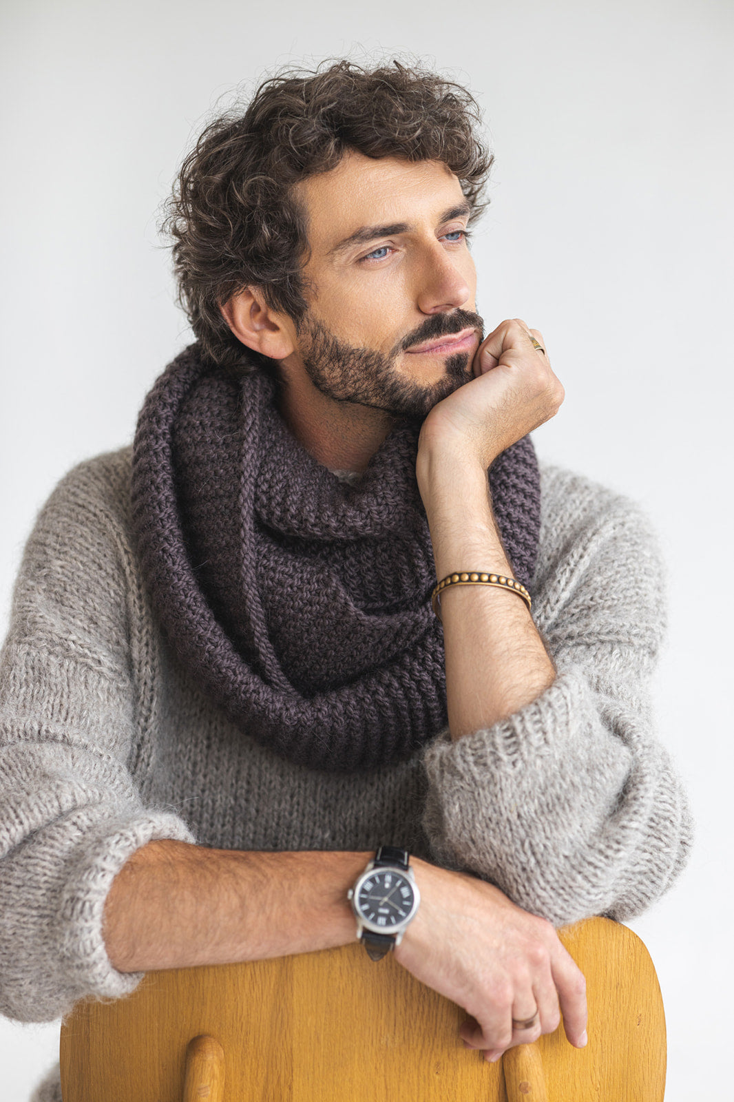 Chocolate brown super chunky knit alpaca wool men's cowl scarf, infinity loop cable knitted neck warmer for man, handmade scarves for men