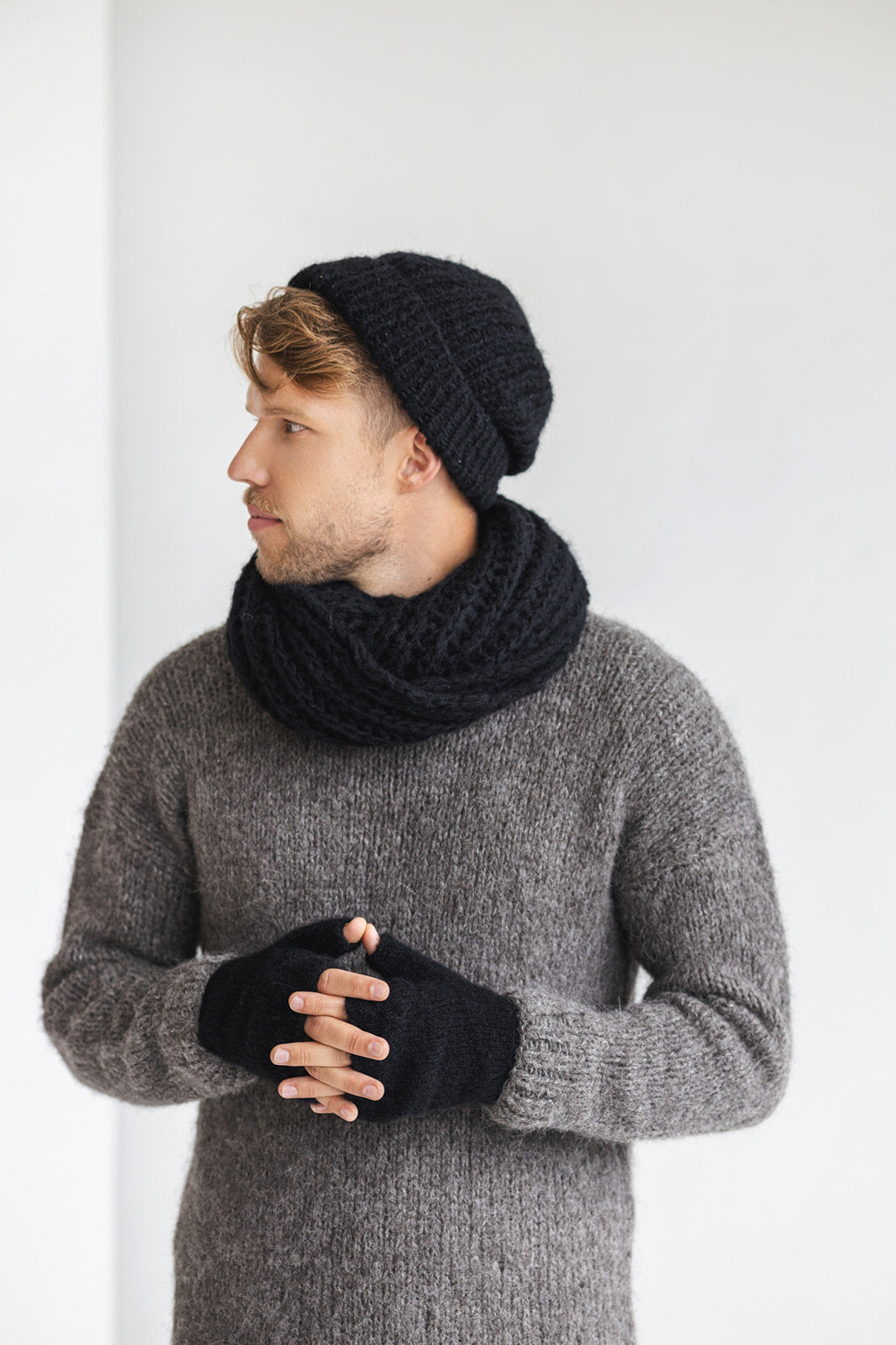 Black knitted fingerless mens mittens, scarf and hat set, cable knit alpaca wool gloves, beanie, neck warmer set, hand made gift for man