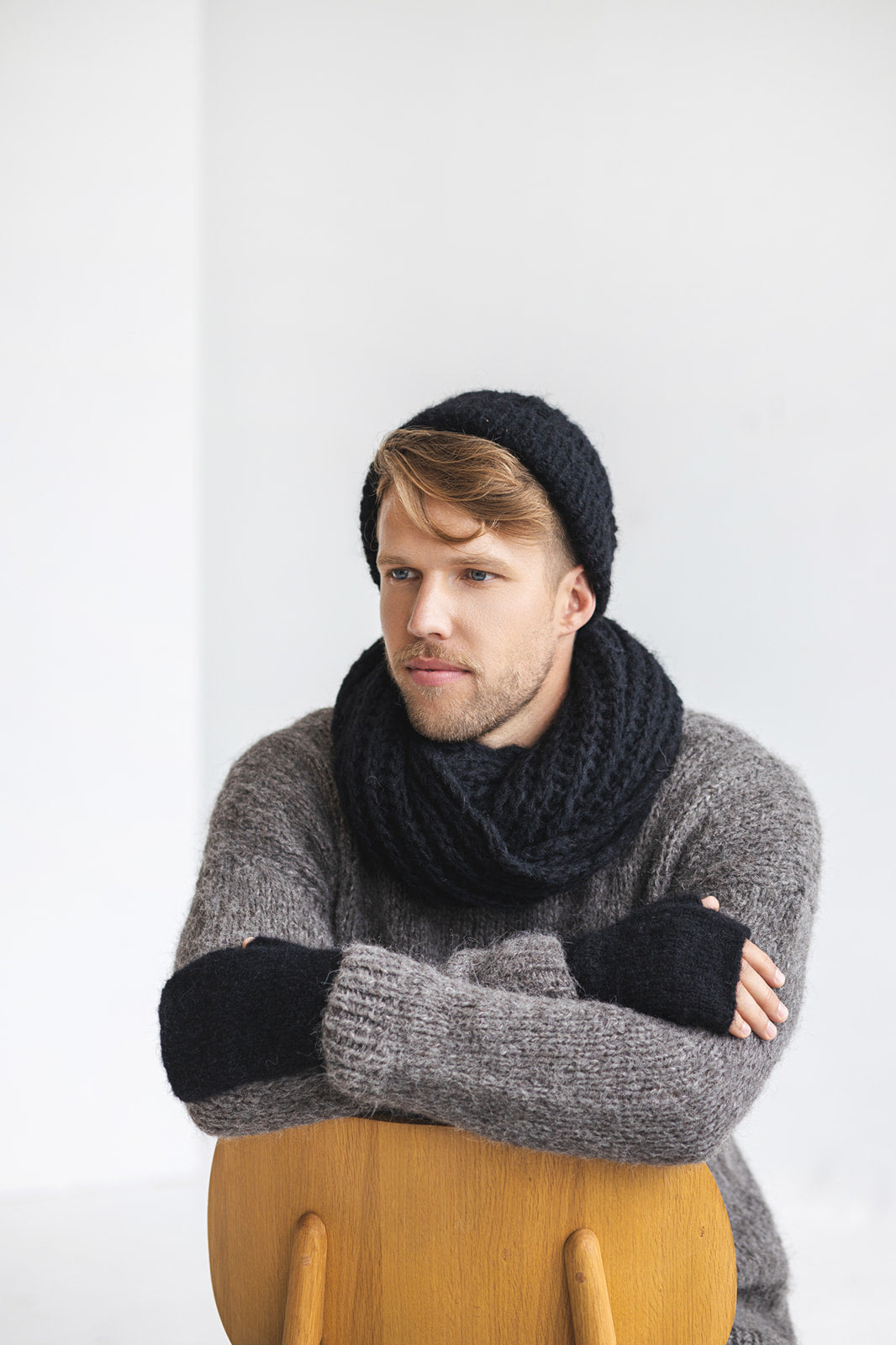 Black knitted fingerless mens mittens, scarf and hat set, cable knit alpaca wool gloves, beanie, neck warmer set, hand made gift for man