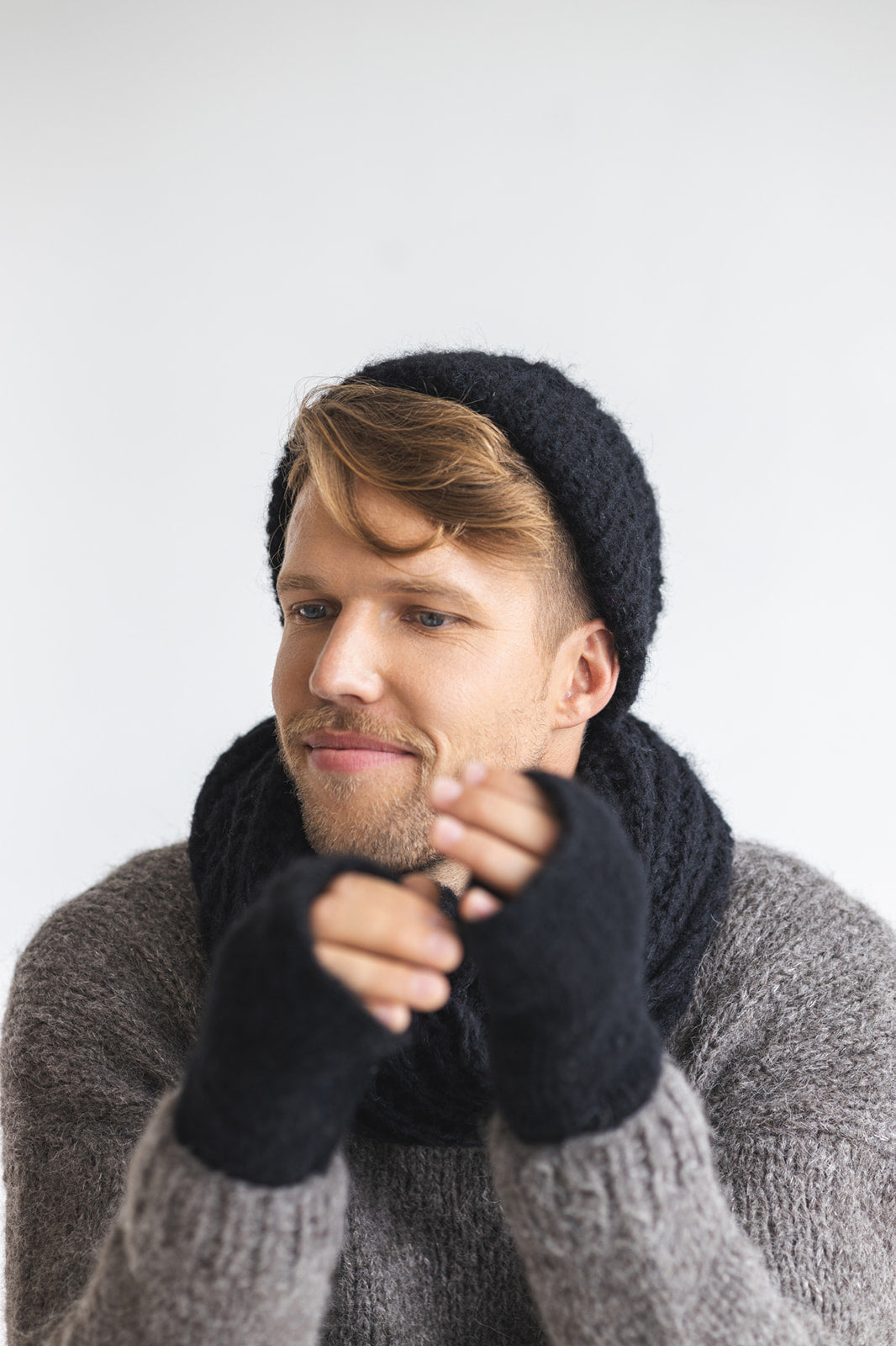 Black knitted fingerless mens mittens, scarf and hat set, cable knit alpaca wool gloves, beanie, neck warmer set, hand made gift for man