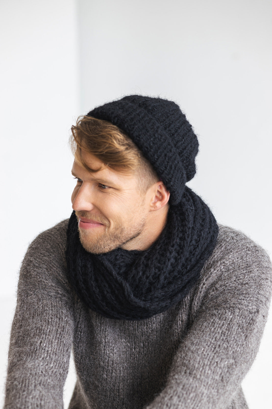 Black knitted fingerless mens mittens, scarf and hat set, cable knit alpaca wool gloves, beanie, neck warmer set, hand made gift for man