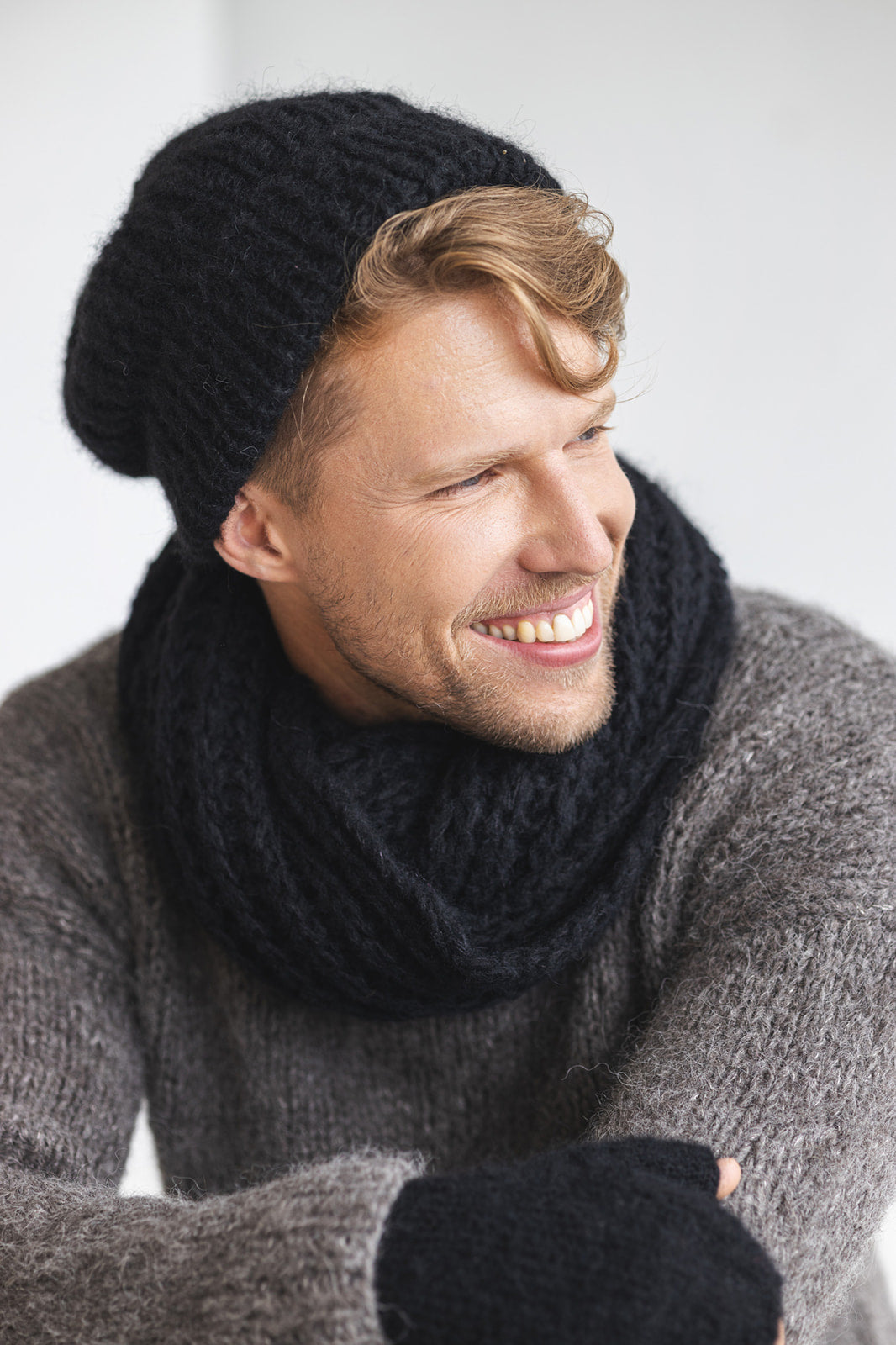 Black knitted fingerless mens mittens, scarf and hat set, cable knit alpaca wool gloves, beanie, neck warmer set, hand made gift for man