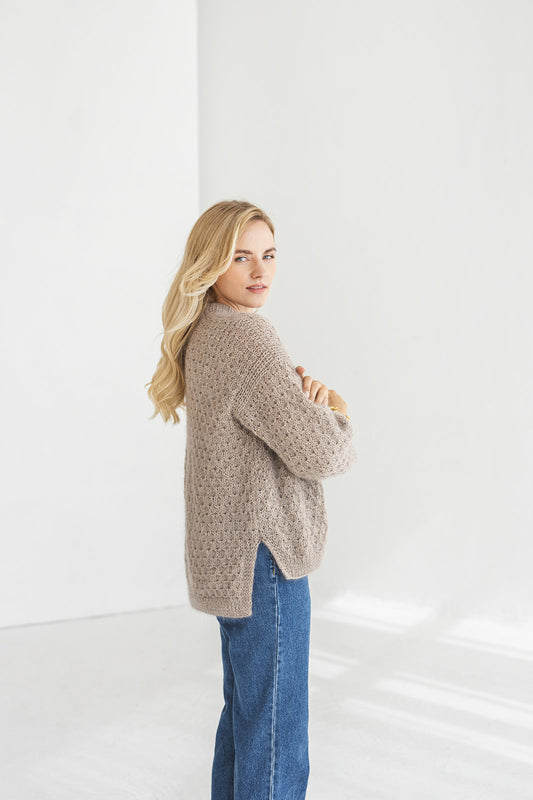 Beige mohair knitted fluffy sweater, wide sleeves, camel pastel longer back alpaca wool jumper, fuzzy thick oversized cable knit pullover