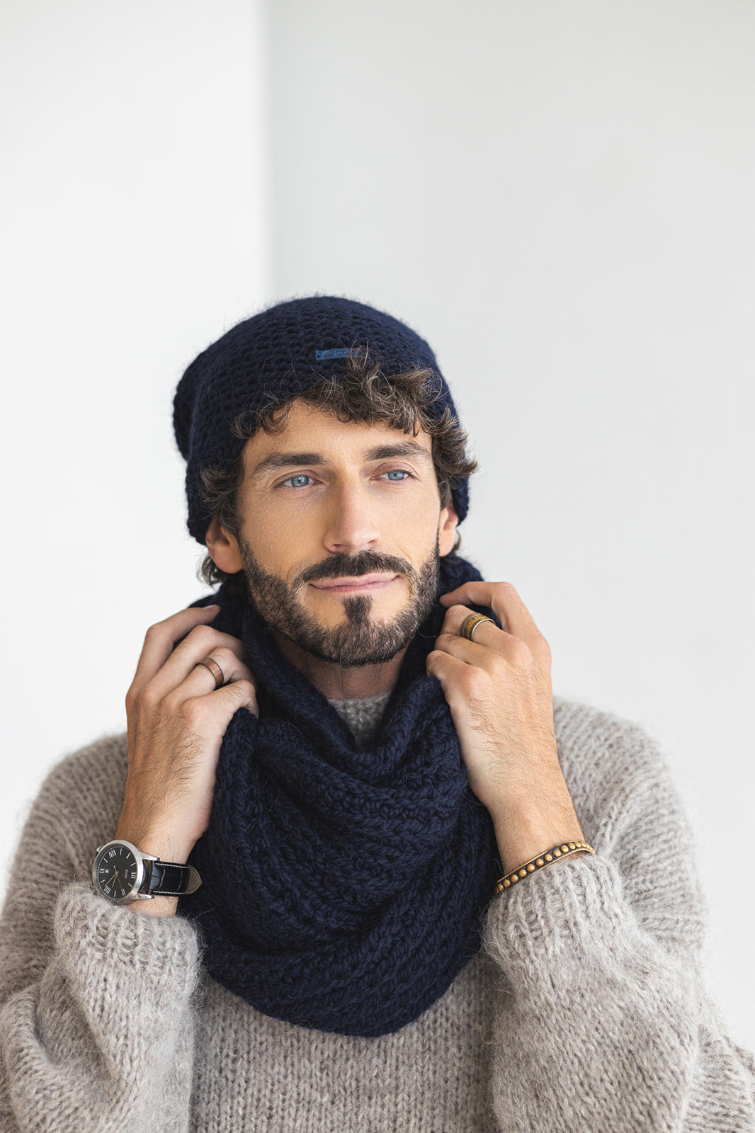 Navy blue super chunky knit alpaca wool men's cowl scarf, infinity loop cable knitted neck warmer for man, dark blue scarves for men, gift