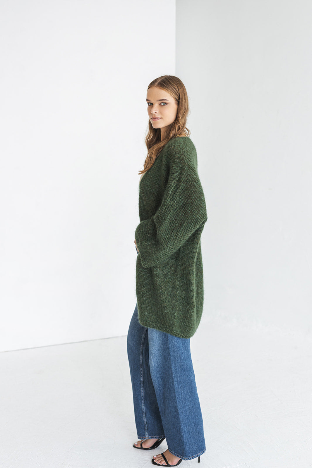 Green cable knit kimono mohair cardigan, oversized fluffy alpaca wool blend chunky knitted sweater, wide sleeves thick fuzzy jacket, gift