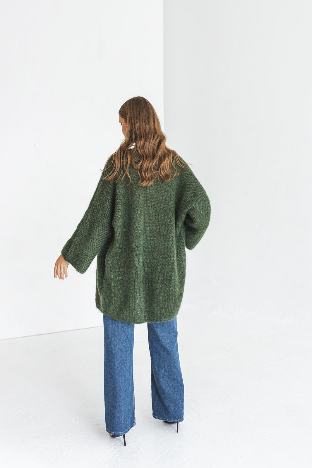 Green cable knit kimono mohair cardigan, oversized fluffy alpaca wool blend chunky knitted sweater, wide sleeves thick fuzzy jacket, gift