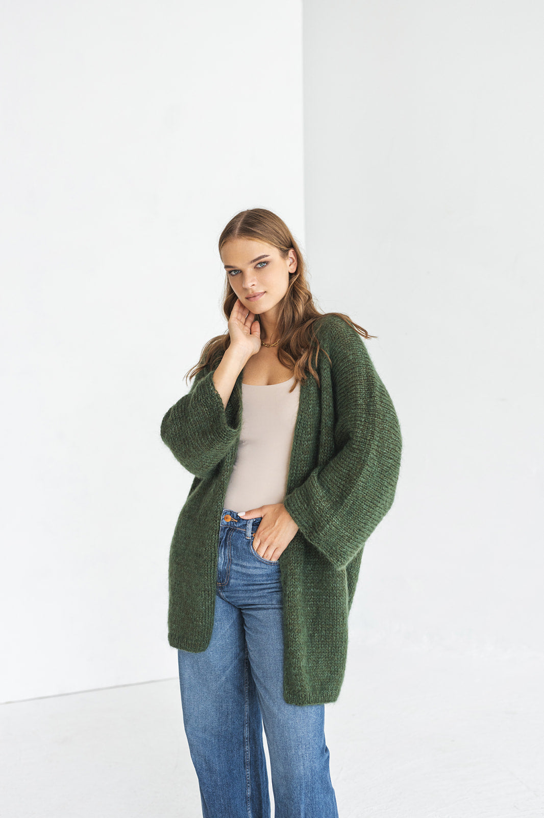 Green cable knit kimono mohair cardigan, oversized fluffy alpaca wool blend chunky knitted sweater, wide sleeves thick fuzzy jacket, gift