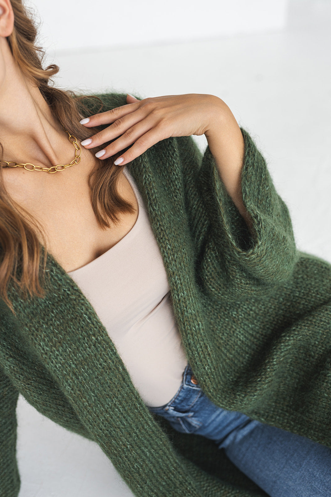 Green cable knit kimono mohair cardigan, oversized fluffy alpaca wool blend chunky knitted sweater, wide sleeves thick fuzzy jacket, gift