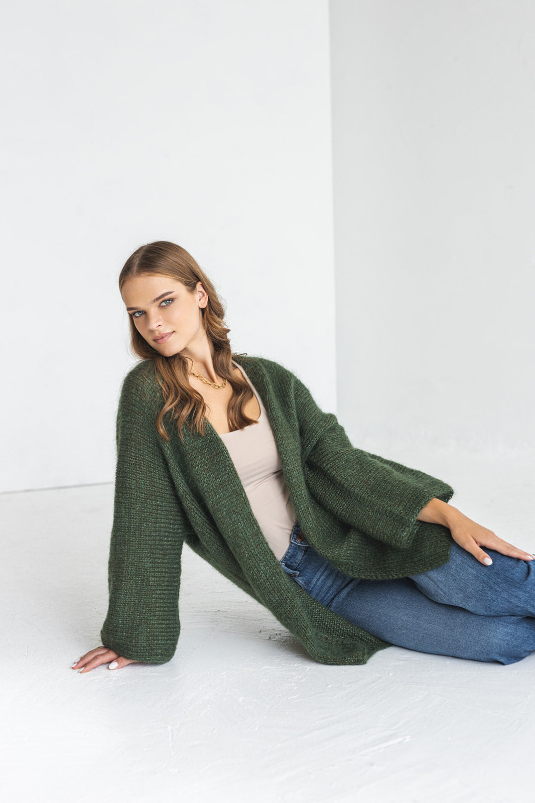 Green cable knit kimono mohair cardigan, oversized fluffy alpaca wool blend chunky knitted sweater, wide sleeves thick fuzzy jacket, gift