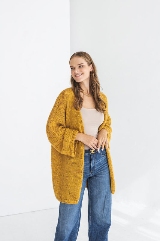 Mustard yellow kimono mohair cardigan, long fluffy minimalist alpaca blend cable knitted sweater, wide sleeves, chunky knit fuzzy coat, gift