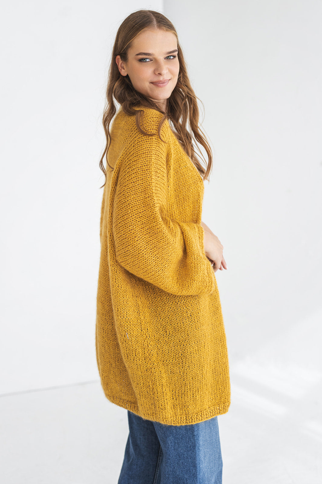 Mustard yellow kimono mohair cardigan, long fluffy minimalist alpaca blend cable knitted sweater, wide sleeves, chunky knit fuzzy coat, gift