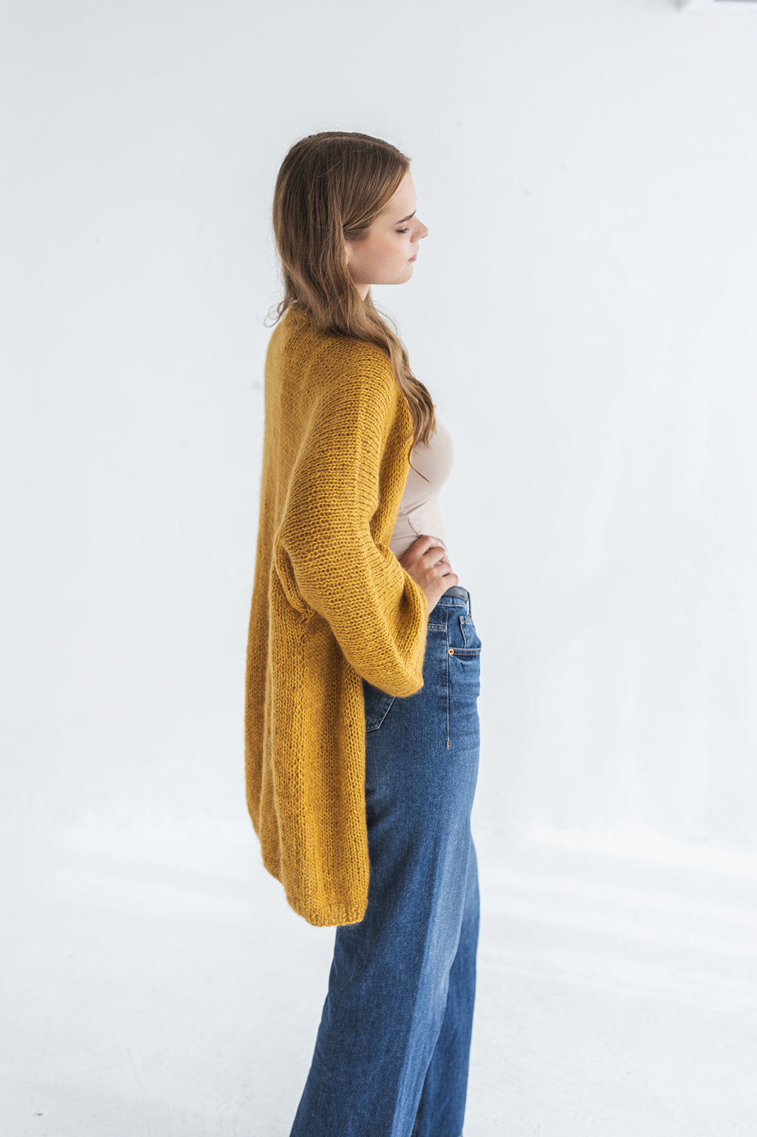 Mustard yellow kimono mohair cardigan, long fluffy minimalist alpaca blend cable knitted sweater, wide sleeves, chunky knit fuzzy coat, gift