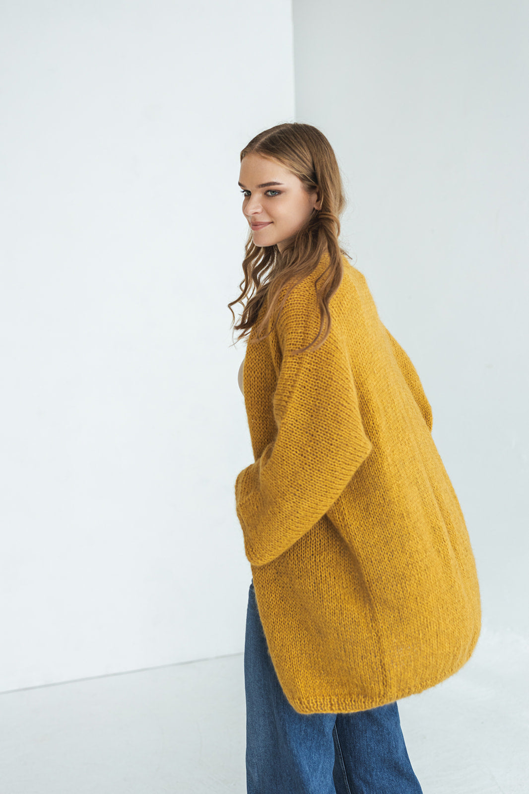 Mustard yellow kimono mohair cardigan, long fluffy minimalist alpaca blend cable knitted sweater, wide sleeves, chunky knit fuzzy coat, gift