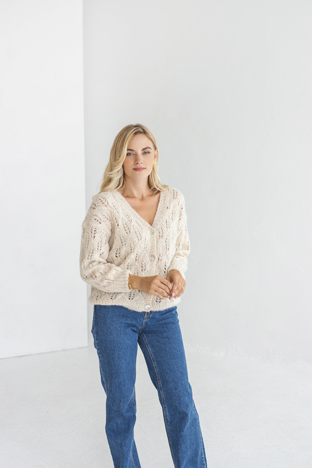 White see-through knitted alpaca cardigan, cable knit lightweight sweater with buttons, Scandinavian regular fit minimalist wedding jacket