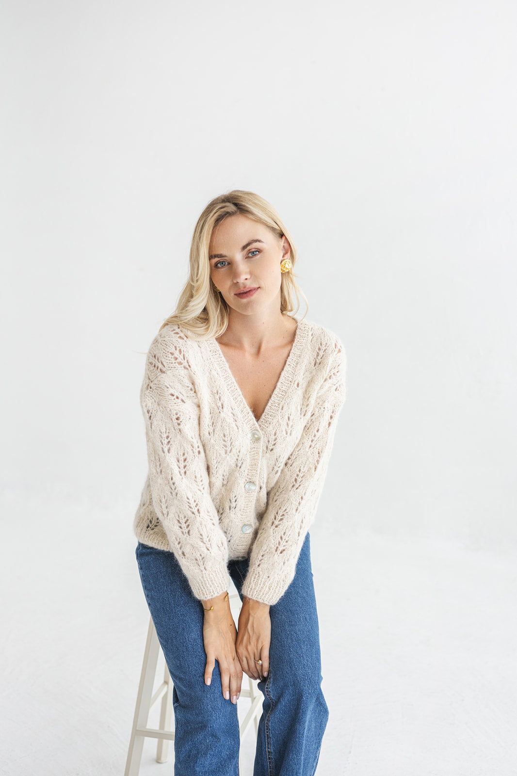 White see-through knitted alpaca cardigan, cable knit lightweight sweater with buttons, Scandinavian regular fit minimalist wedding jacket