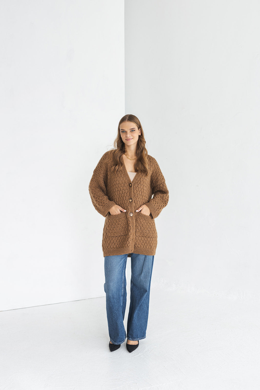 Long camel brown mohair cardigan with pockets, taupe fluffy cable knit alpaca blend sweater with buttons, thick fuzzy chunky knitted jacket