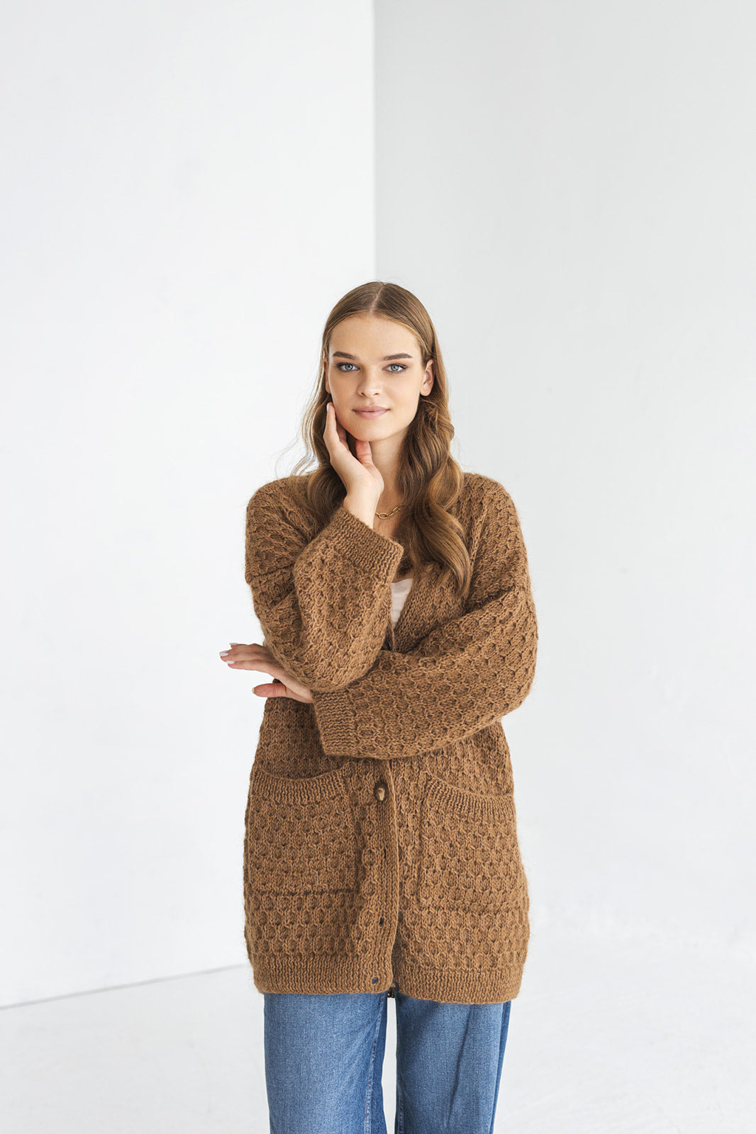 Long camel brown mohair cardigan with pockets, taupe fluffy cable knit alpaca blend sweater with buttons, thick fuzzy chunky knitted jacket