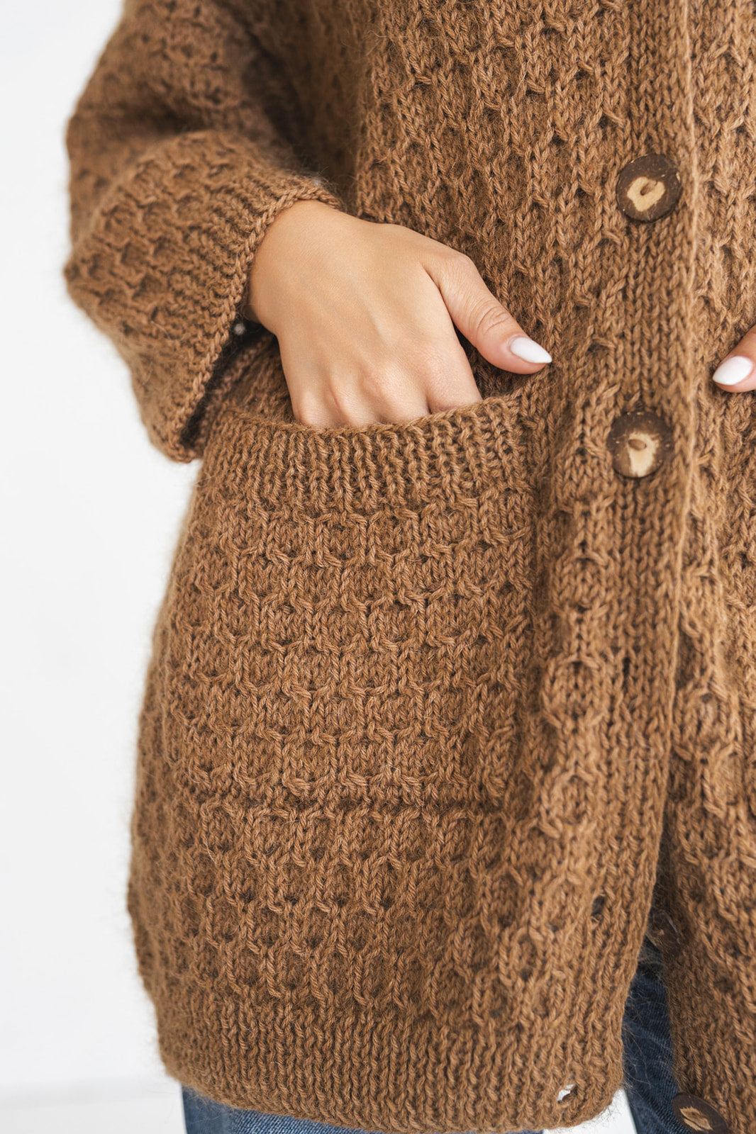 Long camel brown mohair cardigan with pockets, taupe fluffy cable knit alpaca blend sweater with buttons, thick fuzzy chunky knitted jacket