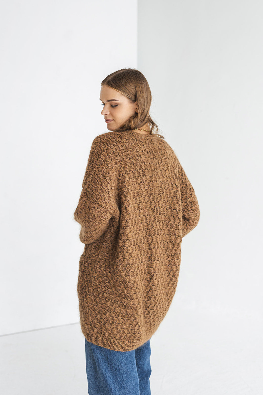 Long camel brown mohair cardigan with pockets, taupe fluffy cable knit alpaca blend sweater with buttons, thick fuzzy chunky knitted jacket