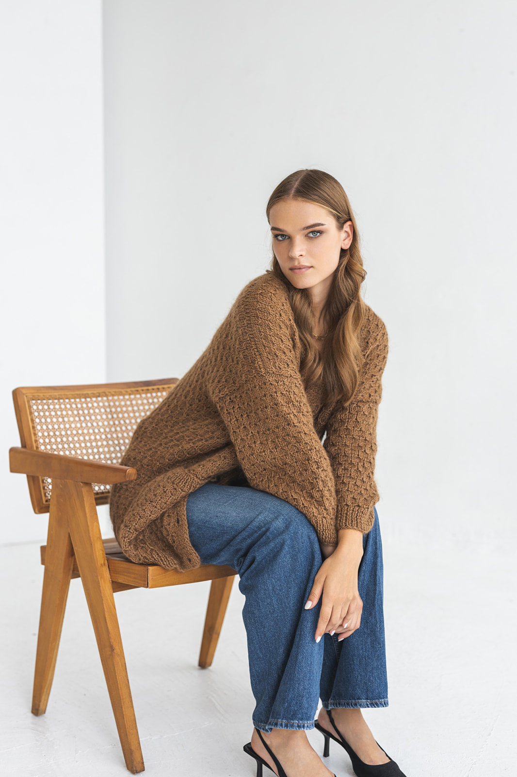 Long camel brown mohair cardigan with pockets, taupe fluffy cable knit alpaca blend sweater with buttons, thick fuzzy chunky knitted jacket