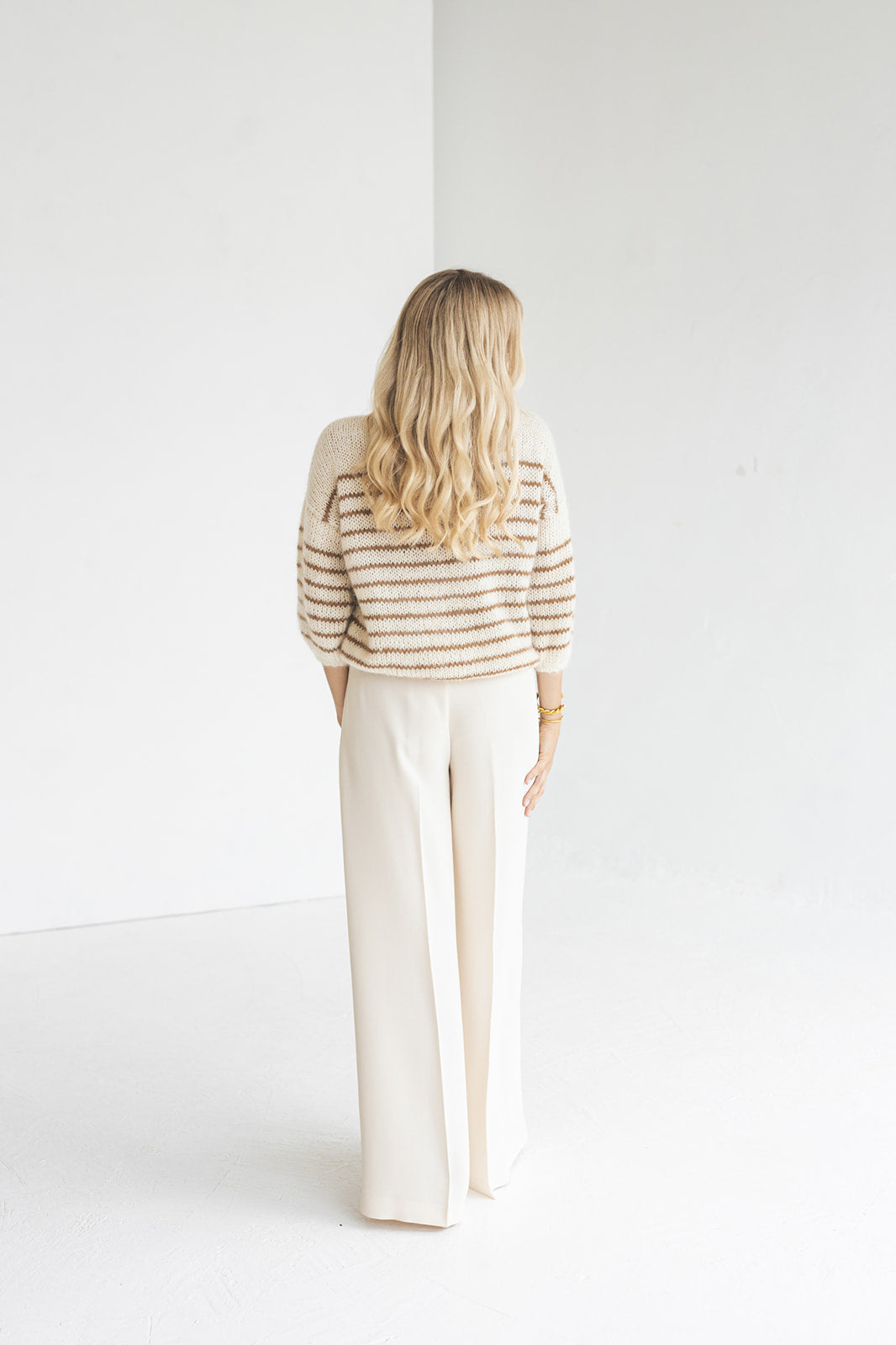 Striped white and camel mohair sweater, beige cable knit alpaca wool blend woman jumper, slightly oversized, fluffy French stripes pullover