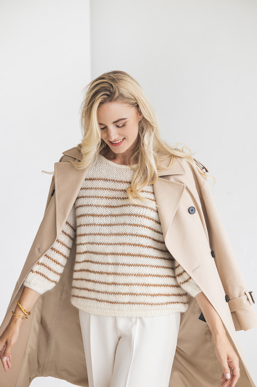 Striped white and camel mohair sweater, beige cable knit alpaca wool blend woman jumper, slightly oversized, fluffy French stripes pullover