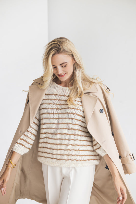 Striped white and camel mohair sweater, beige cable knit alpaca wool blend woman jumper, slightly oversized, fluffy French stripes pullover