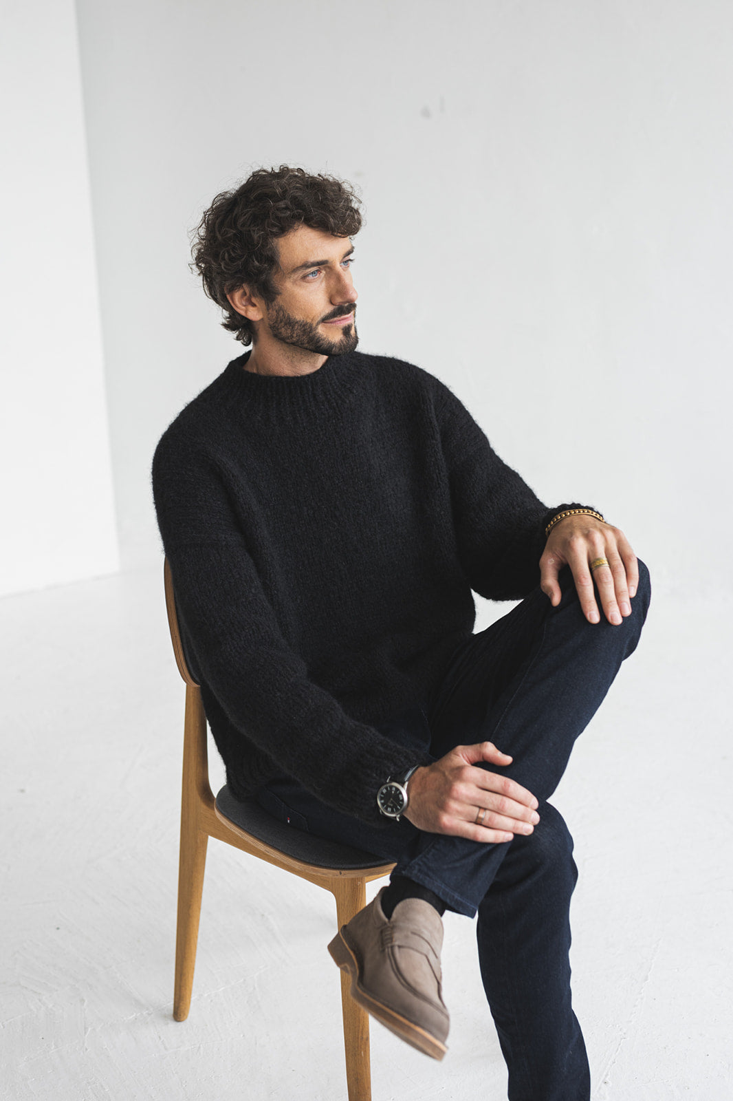 Men's knitted black alpaca wool sweater, camel cable knit jumper for man, minimalist men pullover, gift for him, hand made thick winter pull