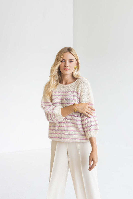 Striped white and pink mohair sweater, cable knit alpaca wool blend woman jumper, chunky slightly oversized fluffy French stripes pullover