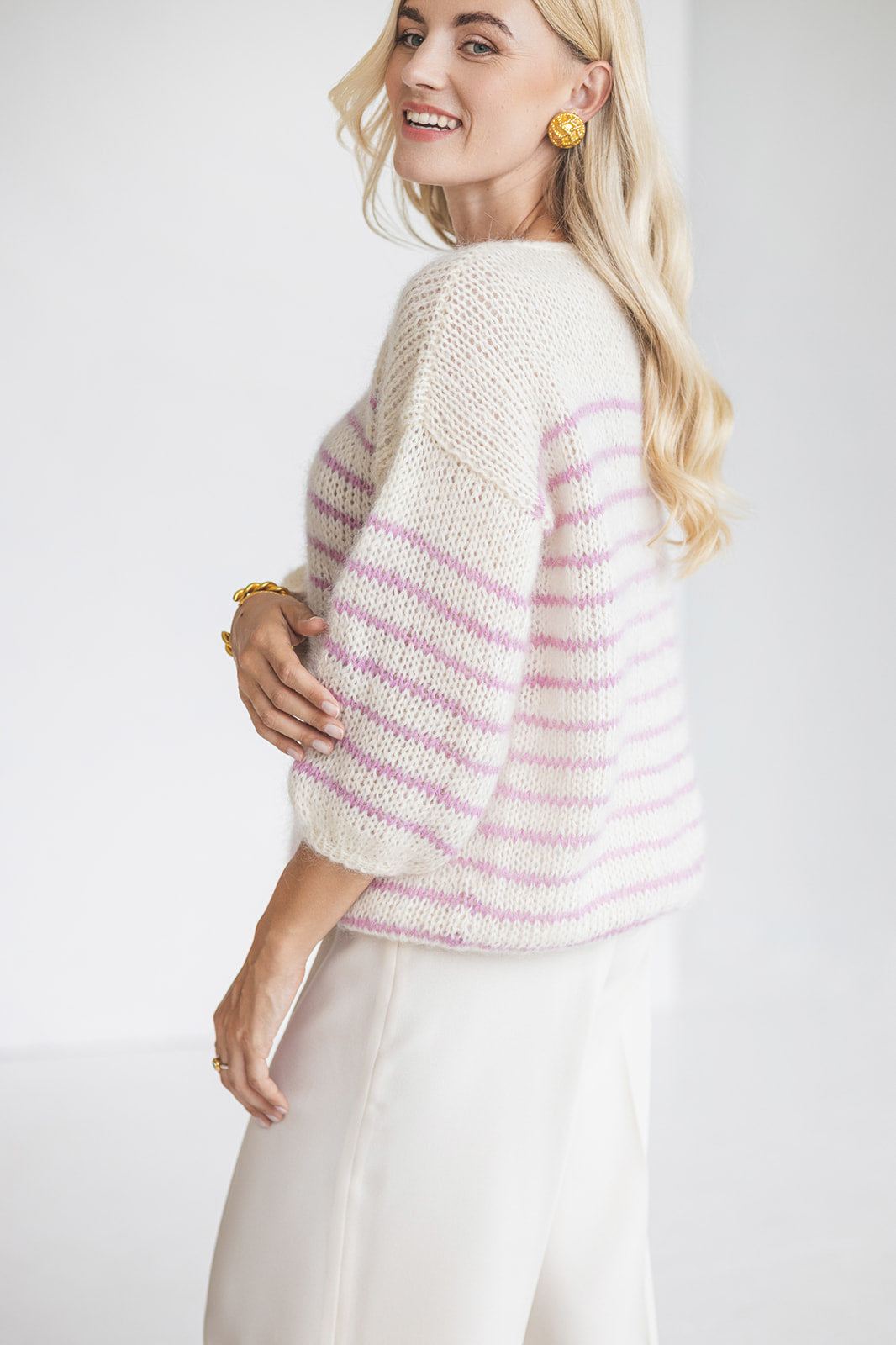 Striped white and pink mohair sweater, cable knit alpaca wool blend woman jumper, chunky slightly oversized fluffy French stripes pullover