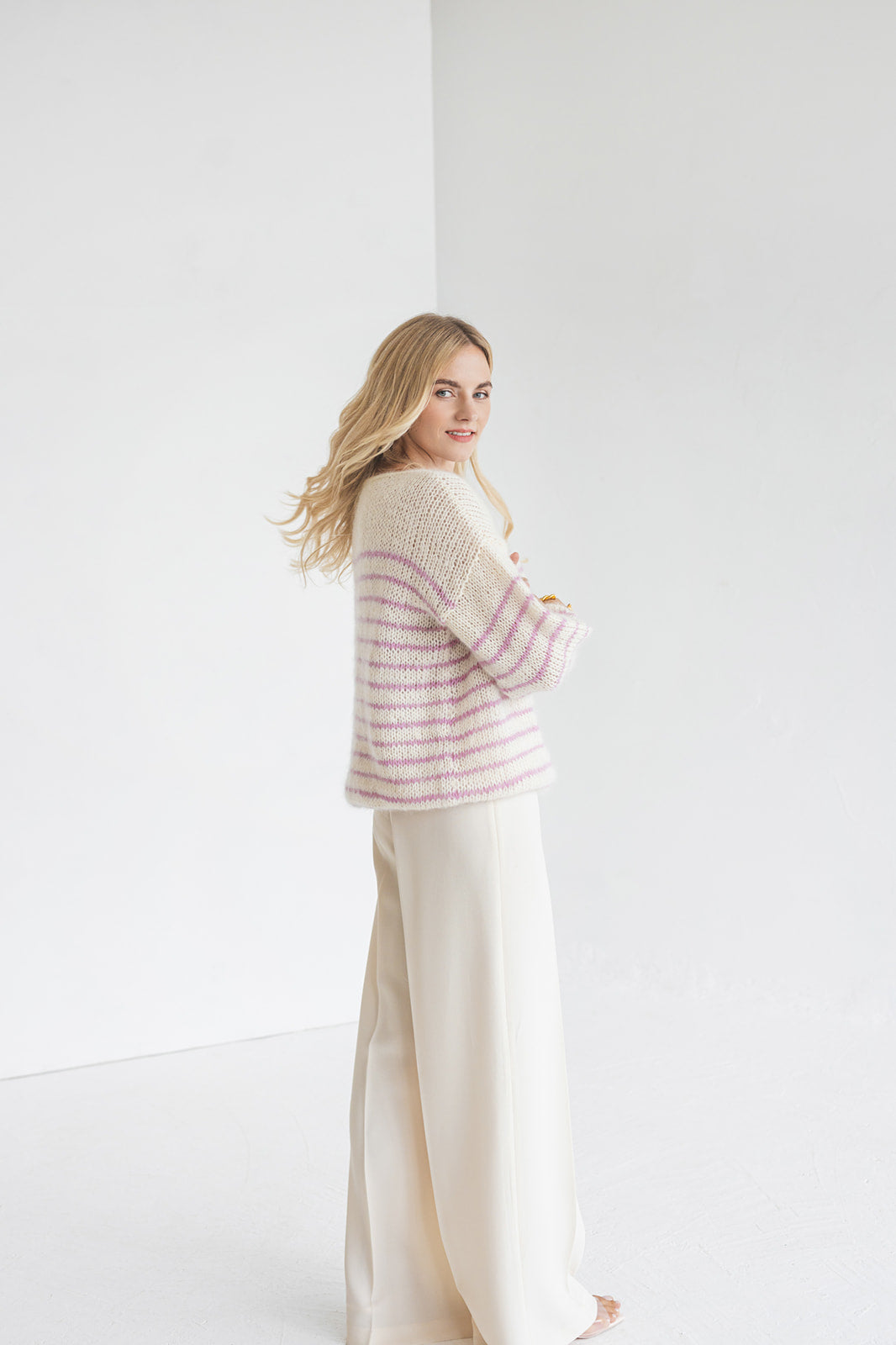 Striped white and pink mohair sweater, cable knit alpaca wool blend woman jumper, chunky slightly oversized fluffy French stripes pullover