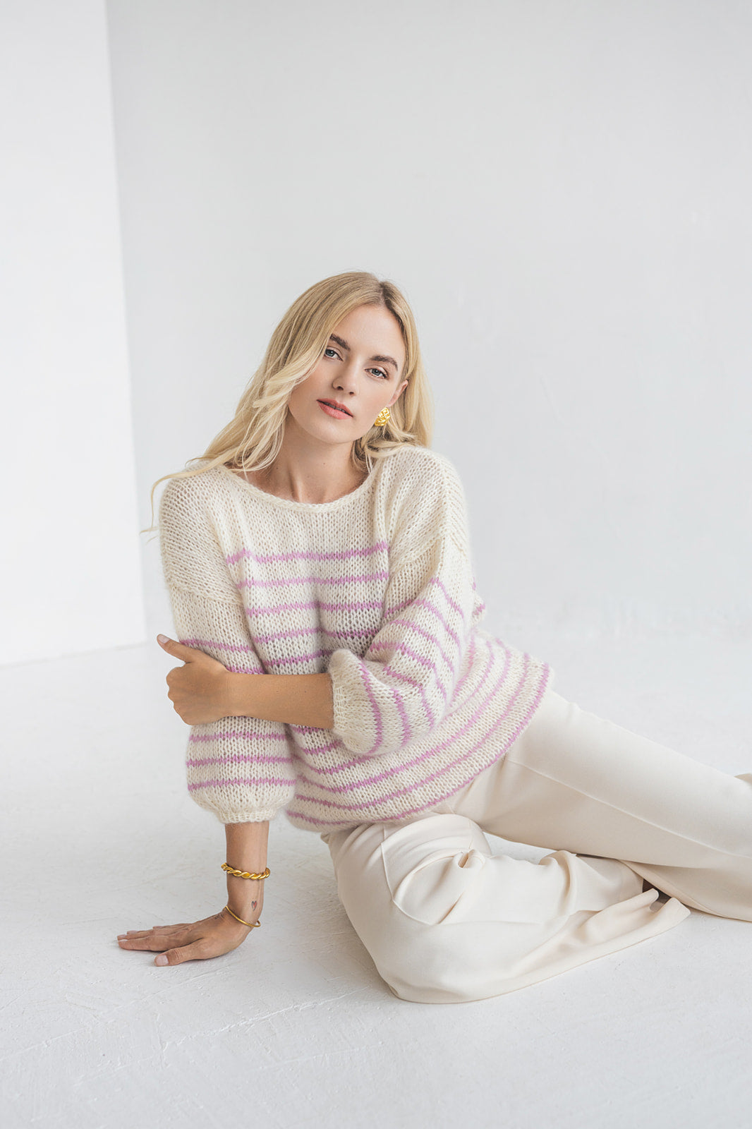 Striped white and pink mohair sweater, cable knit alpaca wool blend woman jumper, chunky slightly oversized fluffy French stripes pullover