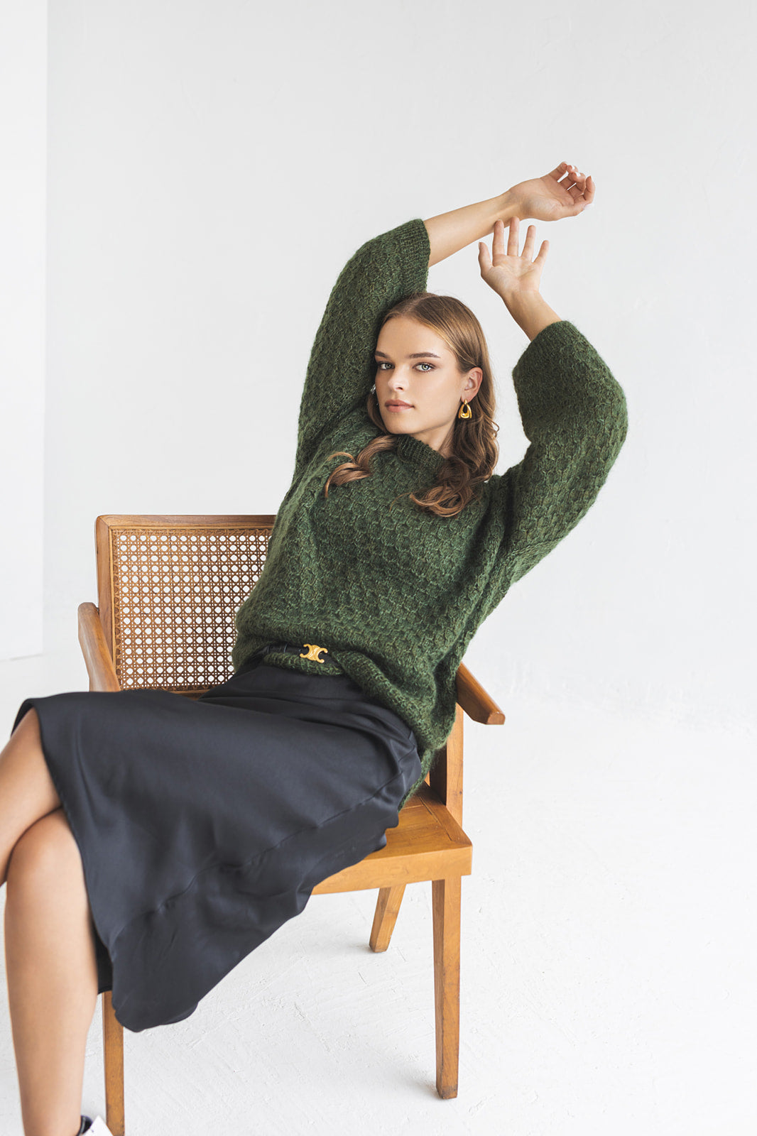 Green mohair knitted sweater, wide sleeves alpaca wool blend jumper, fuzzy cable knit pullover, fluffy slightly oversized thick sweater gift