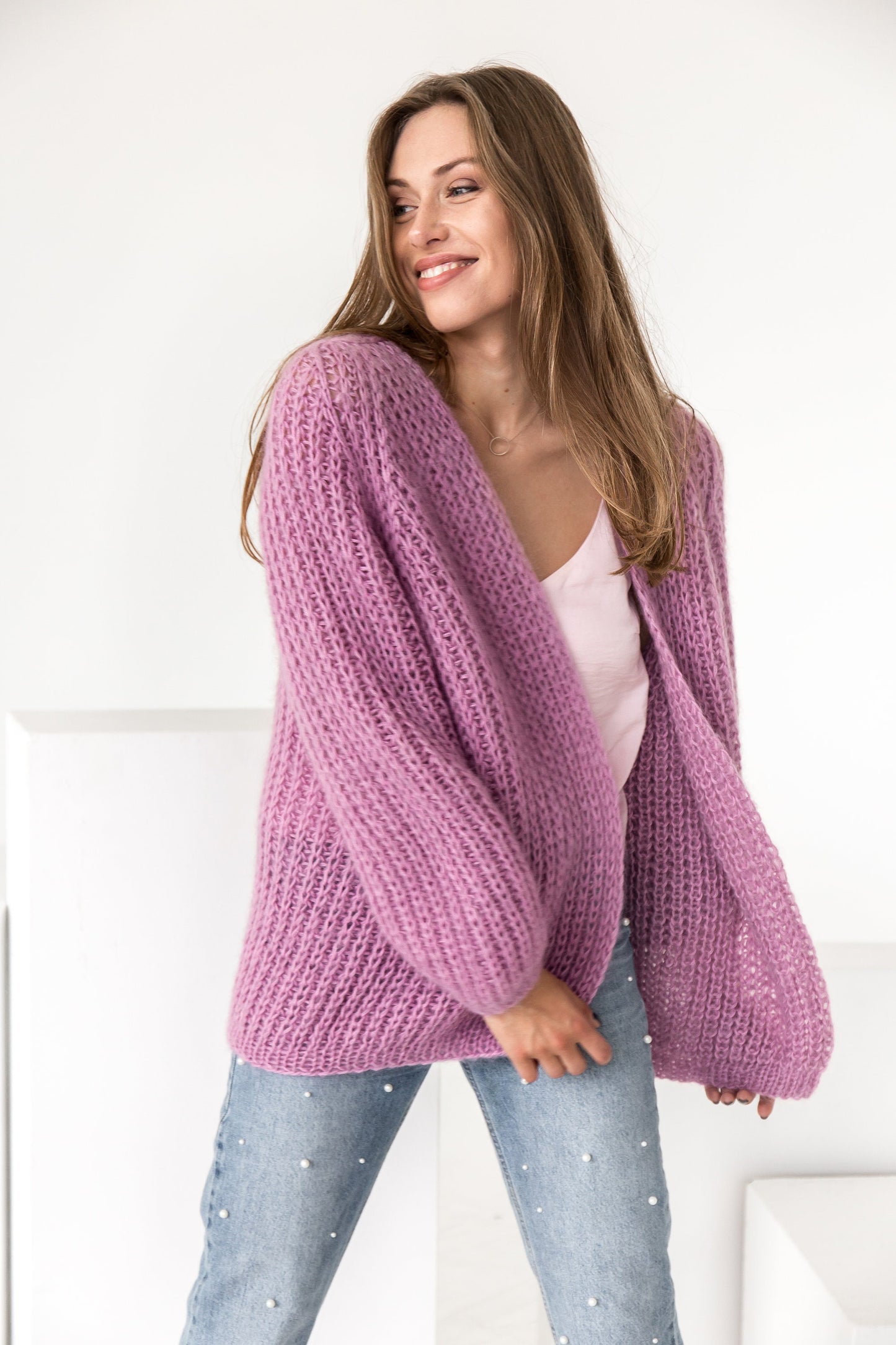 Cable knit mohair cardigan, pink mohair sweater, fuzzy oversized alpaca cardigan