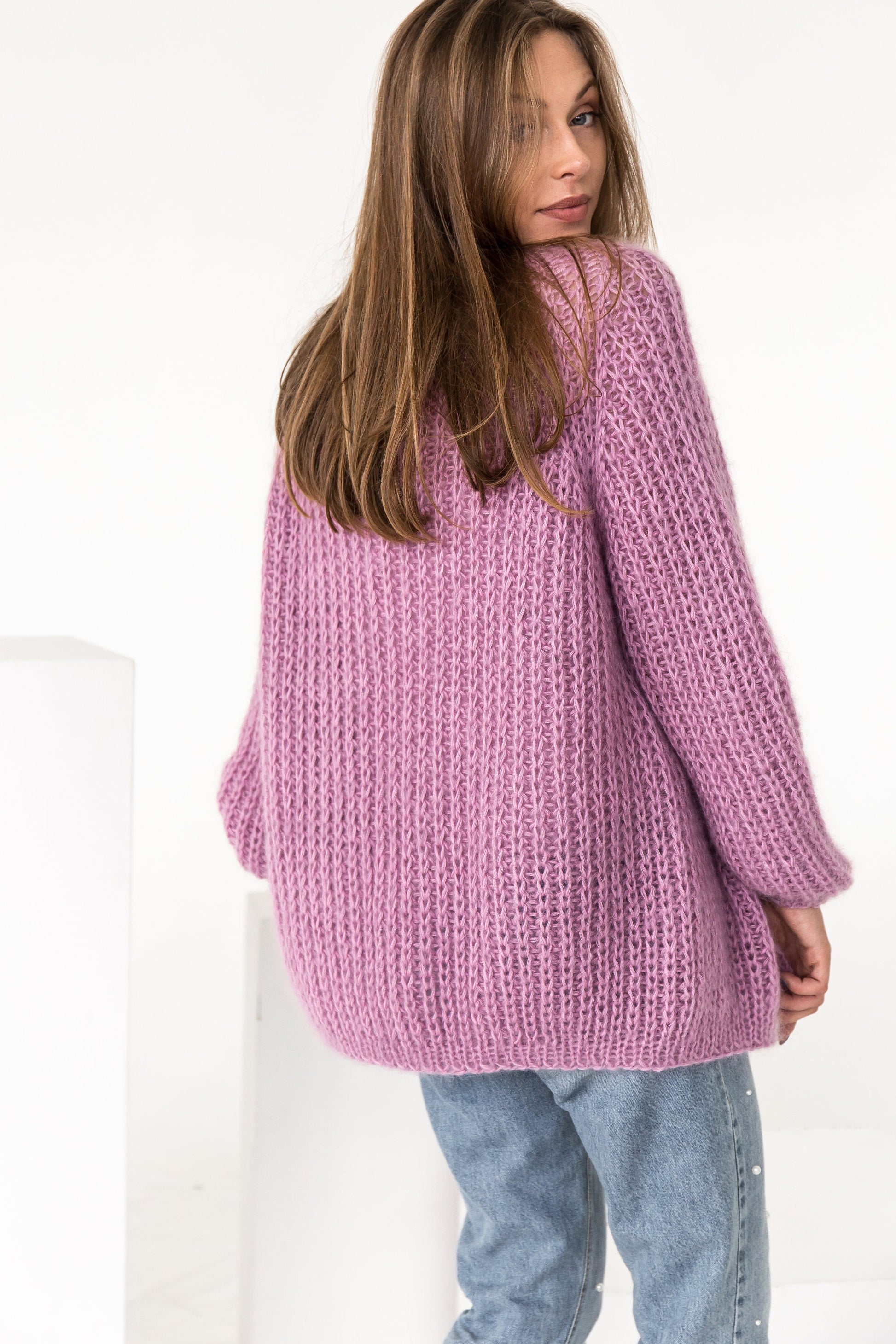 Cable knit mohair cardigan, pink mohair sweater, fuzzy oversized alpaca cardigan